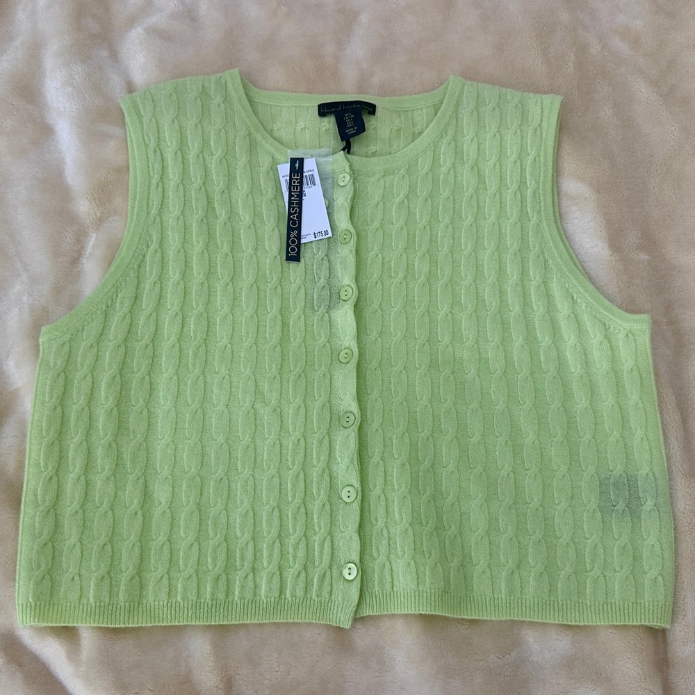 NWT HOUSE OF HARLOW 1960 Green Apple Neon 100% Cashmere Cable Knit Vest L Preppy